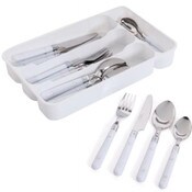 Wholesale - 24pc GH CASUAL LIVING S.S FLATWARE SET W/WHITE PP HANDLE & PVC TRAY C/P 6, UPC: 085081885111